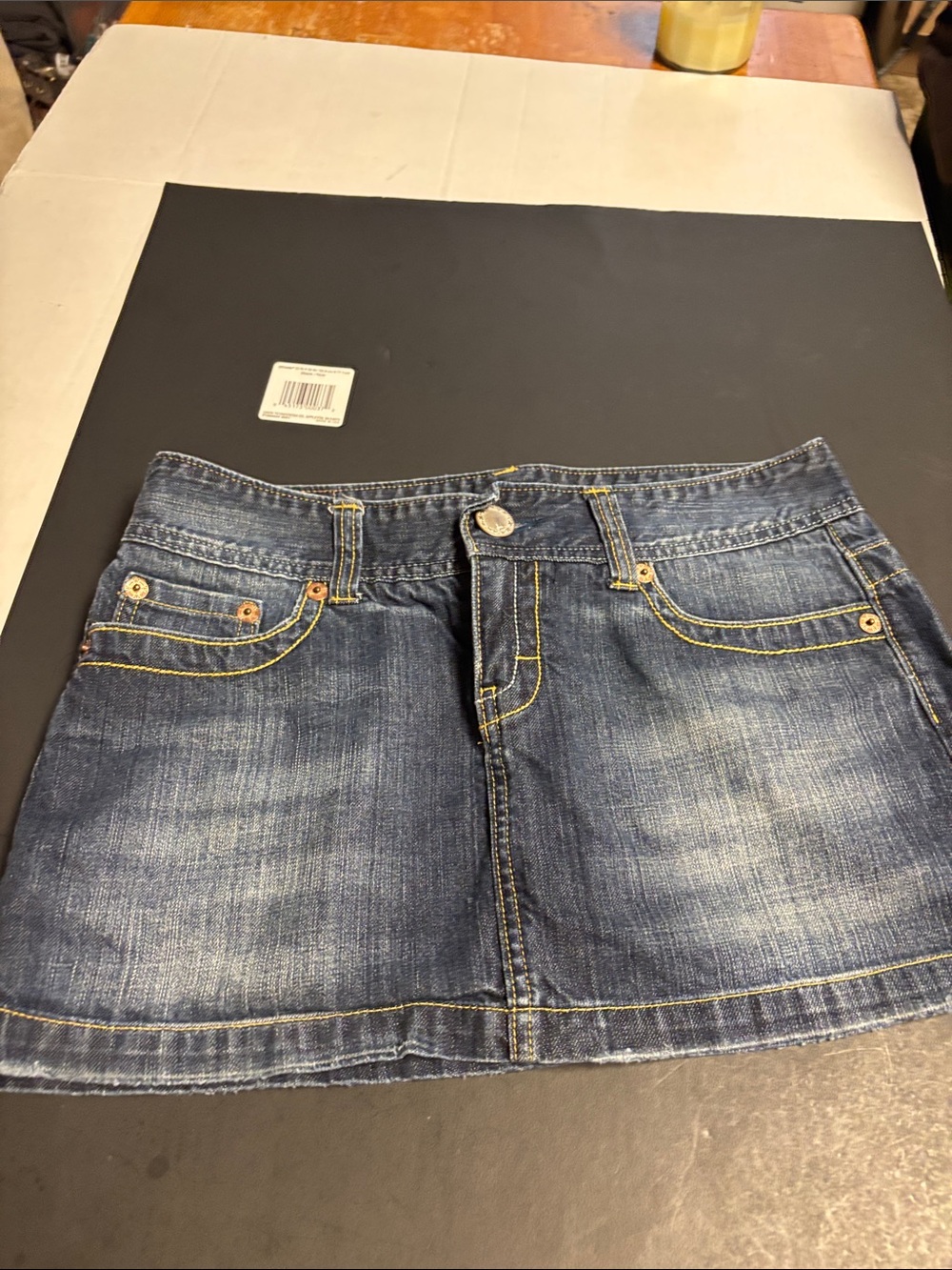 Y2K American Eagle Outfitters Blue Denim Mini Skirt with Yellow Stitching
